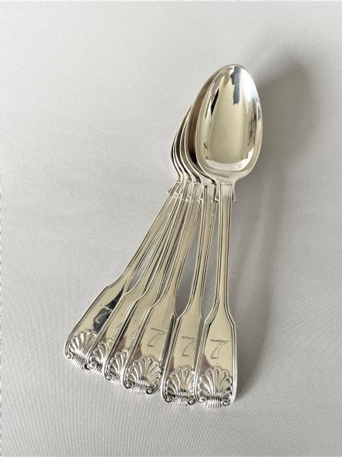 A Superb Matched Set of Silver Fiddle, Thread & Shell Dessert Spoons