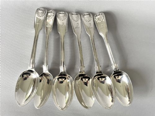 fig 1. A superb matched set of silver Fiddle, thread & shell dessert spoons