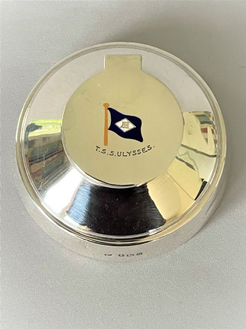 fig 1. A rare silver & enamel T S S Ulysses inkwell