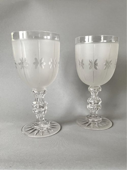 A Handsome Pair of Victorian Frosted & Cut Wine Goblets