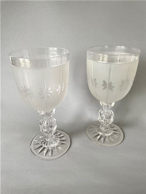 fig 1. A Handsome Pair Of Victorian Frosted & Cut Wine Goblets