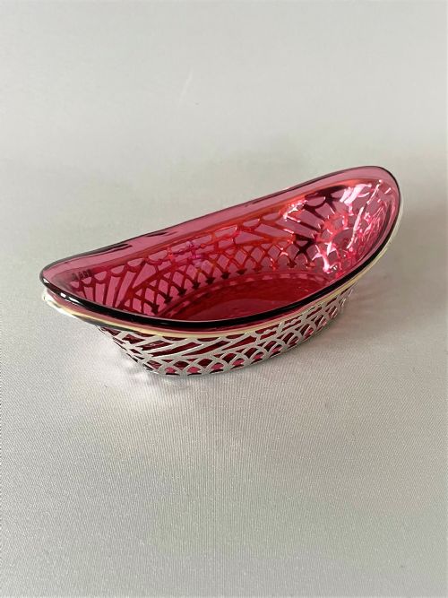 A Lovely Edwardian Silver & Cranberry Glass Bonbon Boat