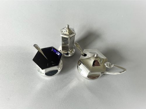 fig 1. A Stylish Art Deco Three Piece Silver Cruet & Spoons