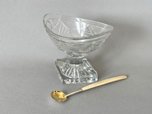A Superb Georgian Cut Glass Boat Salt with Period Silver Gilt Spoon