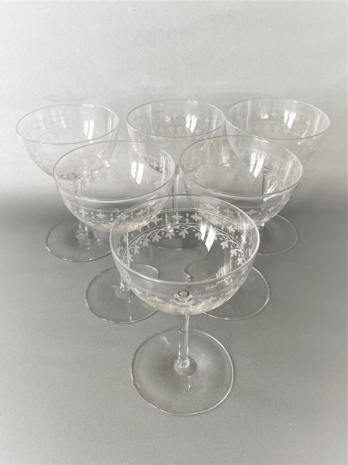 fig 1. A lovely set of 6 Victorian etched glass champagne coupes