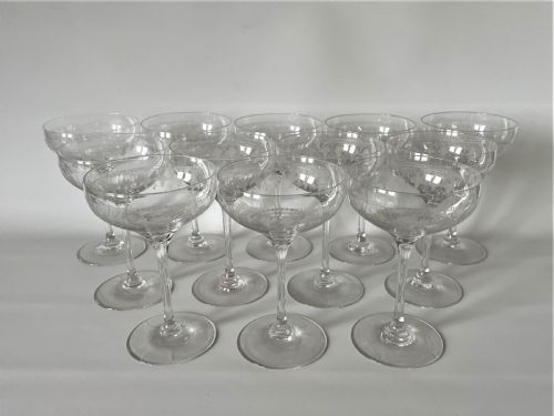 An Extremely Rare Set of 12 Victorian Etched Champagne Glasses