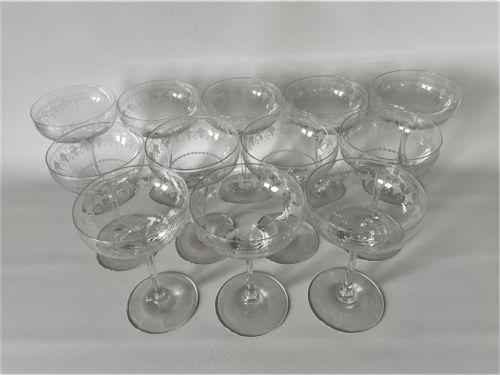 fig 1. An extremely rare set of 12 Victorian etched champagne glasses