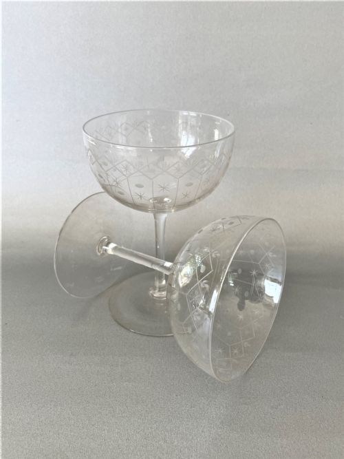 An Elegant Pair of Victorian Etched Glass Champagne Coupes