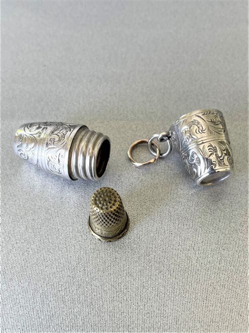 A Charming Victorian Silver Thimble Case & Miniature Thimble