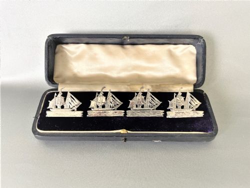 A Fabulous Set of 4 Boxed Victorian Silver Ship Menu Card Holders