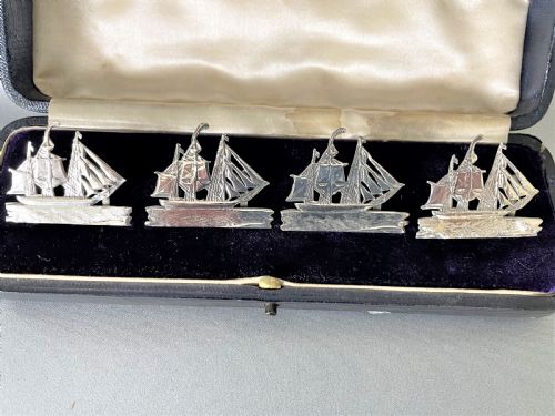 fig 1. A fabulous set of 4 boxed Victorian silver ship menu card holders