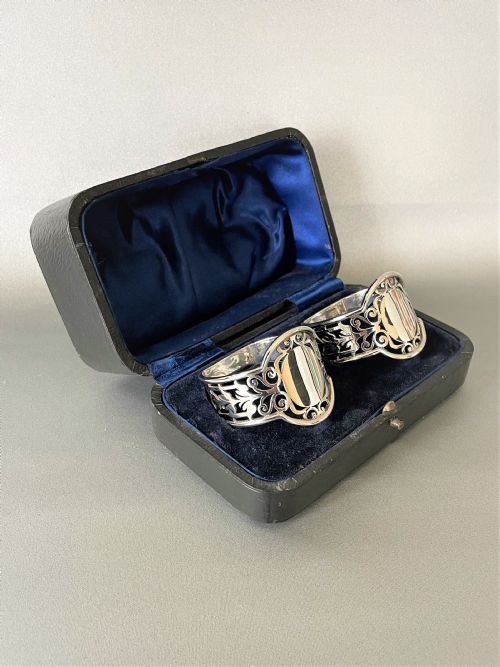 fig 1. A Fabulous Pair Of Boxed, Pierced Silver Napkin Rings