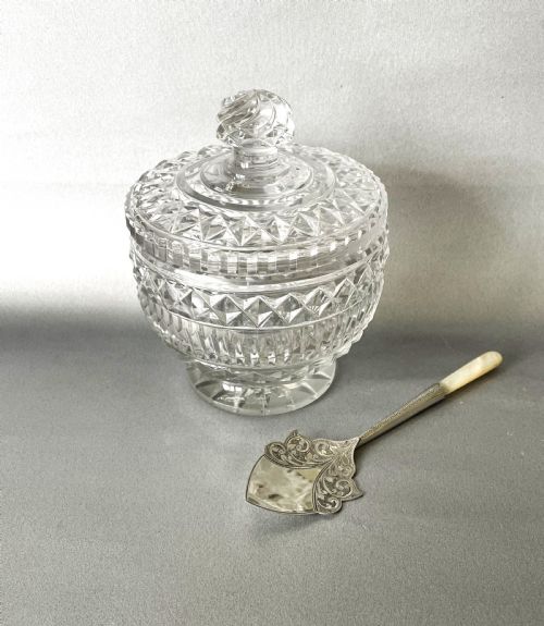 A Fabulous Georgian Cut Glass Preserve Jar & Silver Spoon
