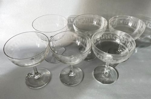 fig 1. A set of 6 Edwardian Greek Key etched champagne coupes