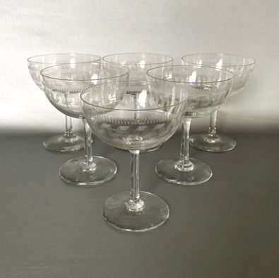 A Set of 6 Edwardian Greek Key Etched Champagne Coupes