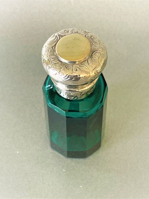 fig 1. A Victorian Bristol Green Scent Bottle With Silver & Gold Lid