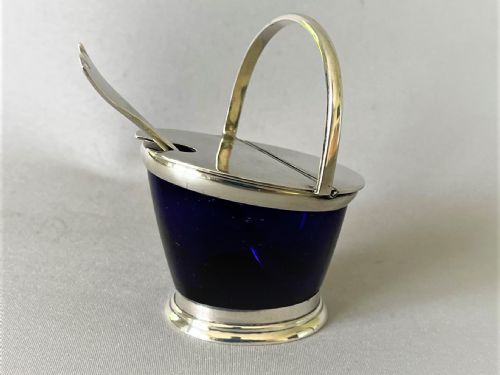 A Victorian Novelty Silver Coal Scuttle Mustard Pot & Spoon