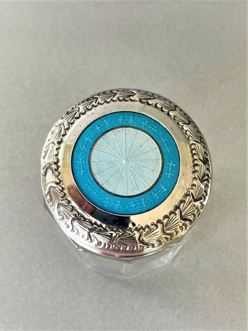fig 1. An eye catching silver & guilloche enamel lidded vanity jar