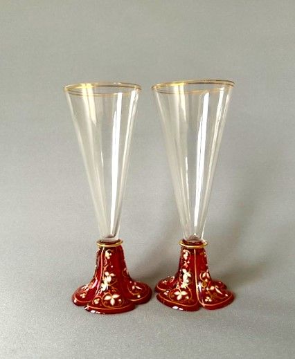 A Fabulous Pair of Moser Enamel Decorated Champagne Flutes