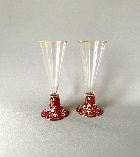 fig 1. A fabulous pair of Moser enamel decorated champagne flutes