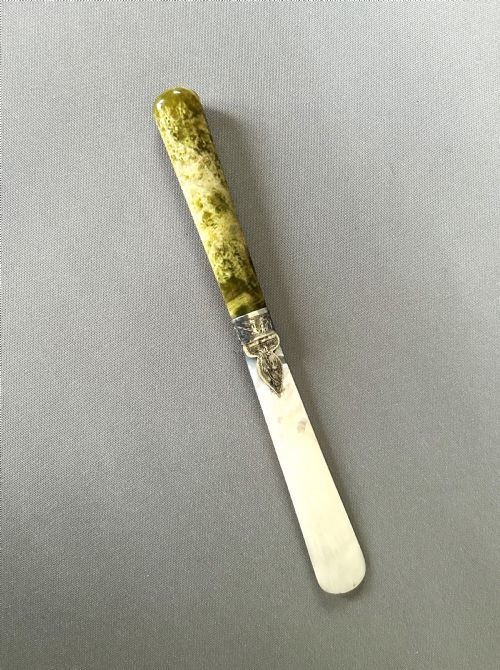 A Stunning Silver Mounted Agate & Mother-of-pearl Letter Opener