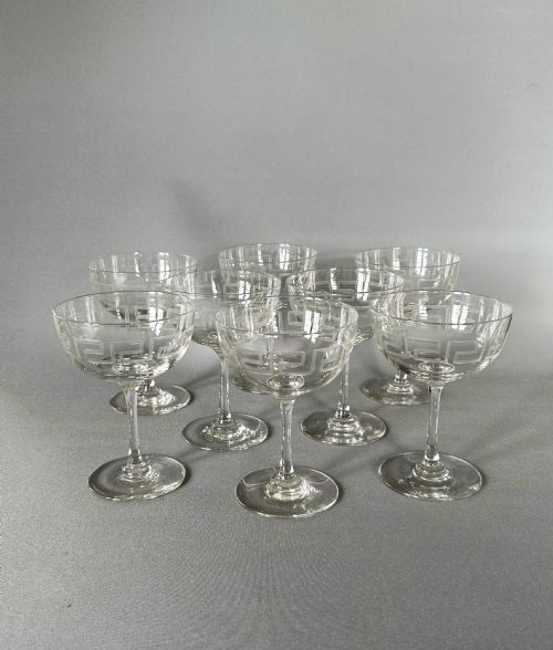 A Fine Set of 8 Victorian Greek Key Etched Champagne Bowls