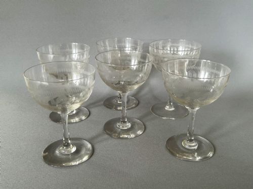A Set of 6 Edwardian Greek Key Etched Champagne Bowls