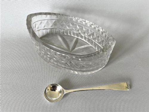 fig 1. A Georgian cut glass condiment boat & silver spoon.
