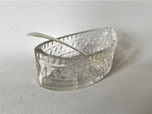 A Georgian Cut Glass Condiment Boat & Silver Spoon.