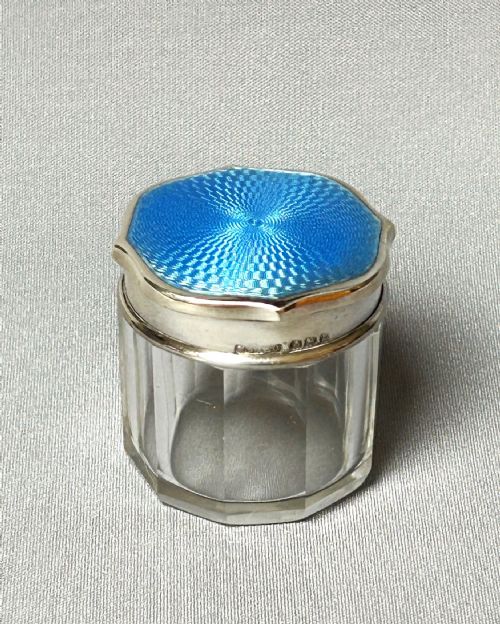 A Gorgeous Art Deco Silver & Guilloche Enamel Lidded Rouge Pot