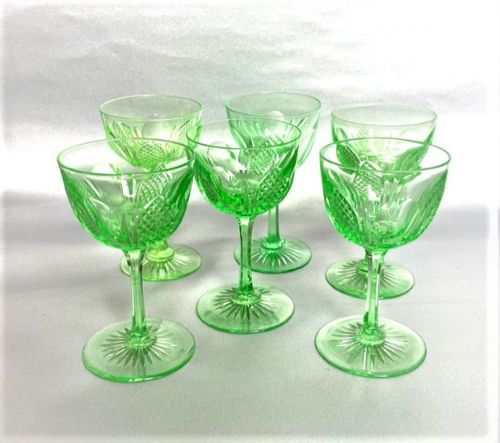 Rare Set of 6 Victorian Cut Glass Uranium Wine Glasses