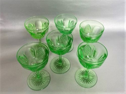 fig 1. Rare set of 6 Victorian cut glass uranium wine glasses