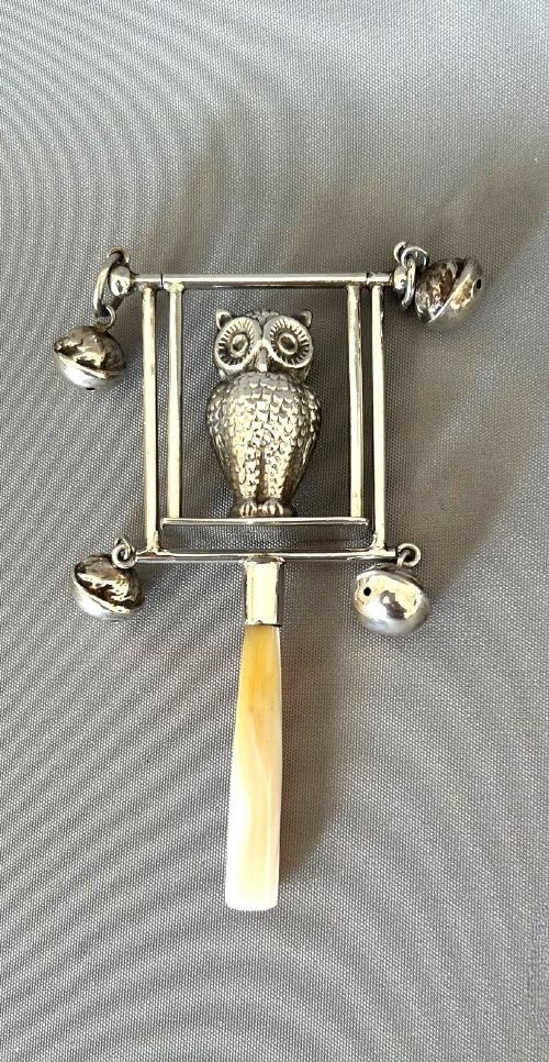 A Rare Owl on a Swing Silver Baby's Rattle