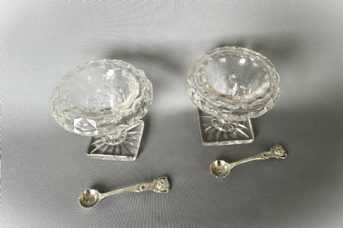 fig 1. A superb pair of Victorian cut glass condiment bowls & silver spoons