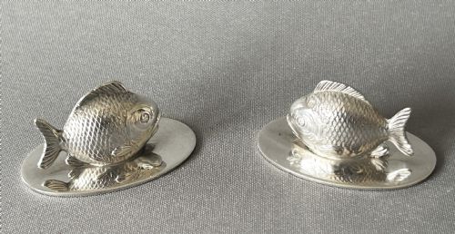 Rare Pair of Sampson Morden Silver Fish Menu Holders