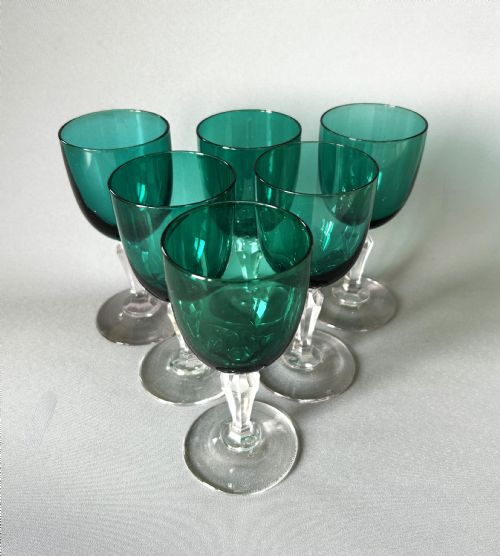 fig 1. A delightful set of 6 Victorian green bowl wine glasses