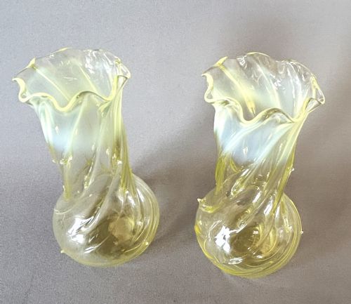 fig 1. A gorgeous pair of Victorian uranium vaseline glass posy vases