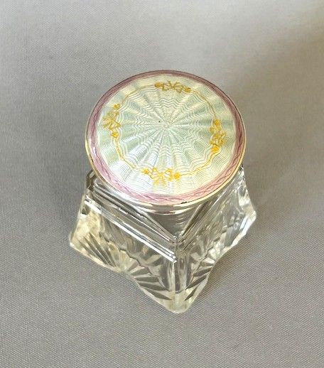 fig 1. An exquisite Silver & guilloche enamel topped glass scent bottle
