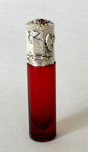 A Rare Aesthetic  Movement German Silver Mounted Scent Bottle