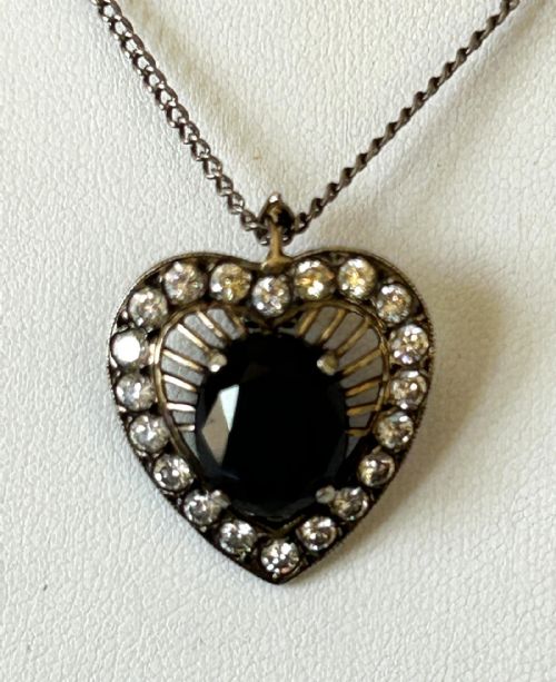 fig 1. An Art Deco Heart Shaped Silver & Sapphire Glass Pendant Necklace