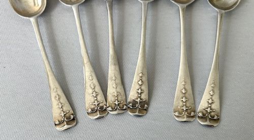 fig 1. Rare set of 6 Irish fancy back demi tasse silver spoons