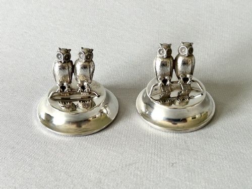 fig 1. A fabulous pair of Edwardian silver owl menu/card holders