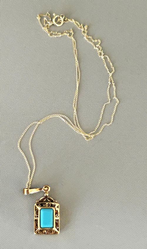 AN EXQUISITE ART DECO 9CT GOLD TURQUOISE PENDANT NECKLACE - ADDITIONAL PHOTO 1