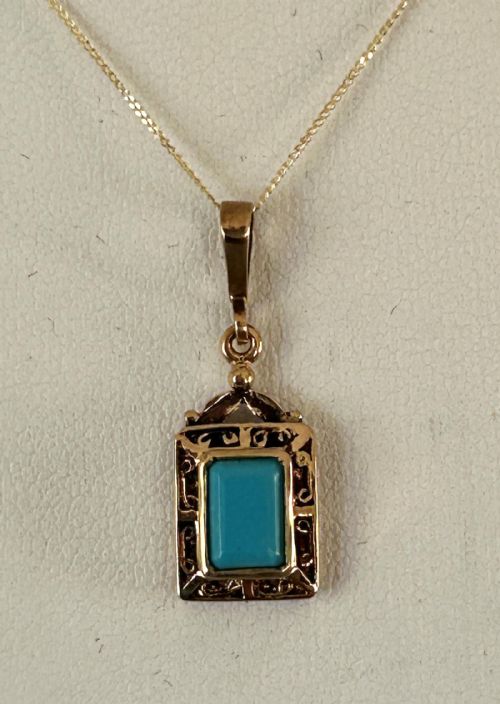 AN EXQUISITE ART DECO 9CT GOLD TURQUOISE PENDANT NECKLACE - ADDITIONAL PHOTO 3