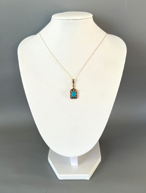 AN EXQUISITE ART DECO 9CT GOLD TURQUOISE PENDANT NECKLACE - ADDITIONAL PHOTO 4