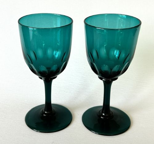 A GORGEOUS PAIR OF AQUA GREEN VICTORIAN DESSERT WINE GLASSES