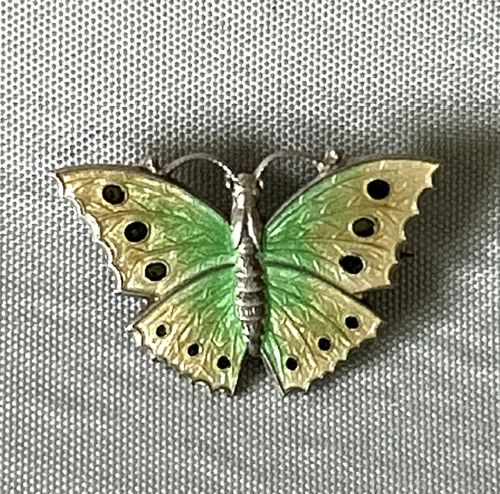 A PETITE SILVER GUILLOCHE ENAMEL BUTTERFLY BROOCH