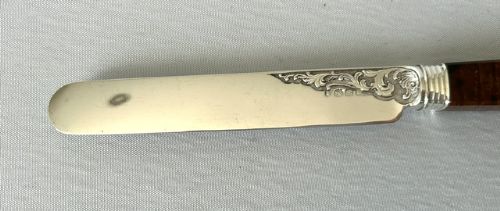A Victorian silver dessert knife and fork featuring engraved scrollwork on the blade and tines with polished rectangular dark brown agate handles. View III