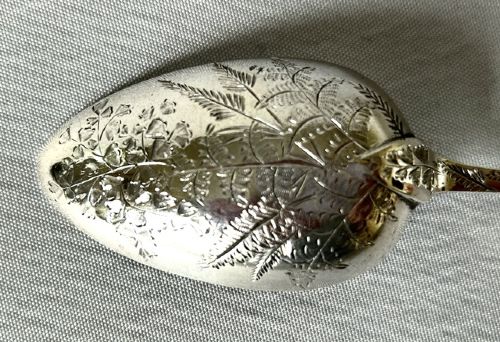 A late Victorian silver spoon and fork with engraved pattern detailing, displayed inside an open dark green velvet-lined presentation box with a cream silk interior. View V
