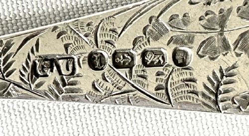 A late Victorian silver spoon and fork with engraved pattern detailing, displayed inside an open dark green velvet-lined presentation box with a cream silk interior. View IX